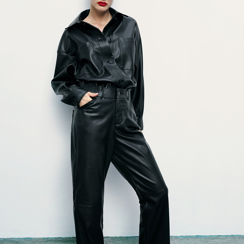 Faux leather overshirt & Faux leather straight fit trousers