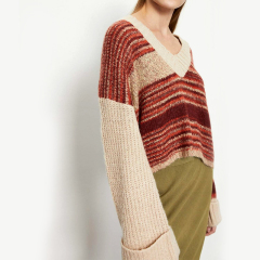 Off-the-shoulder sleeve V-neck knitted sweater