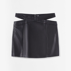 Hollow design faux leather mini skirt