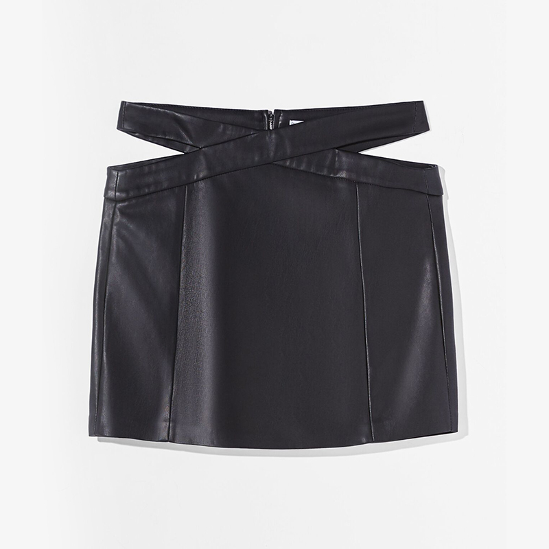 Hollow design faux leather mini skirt