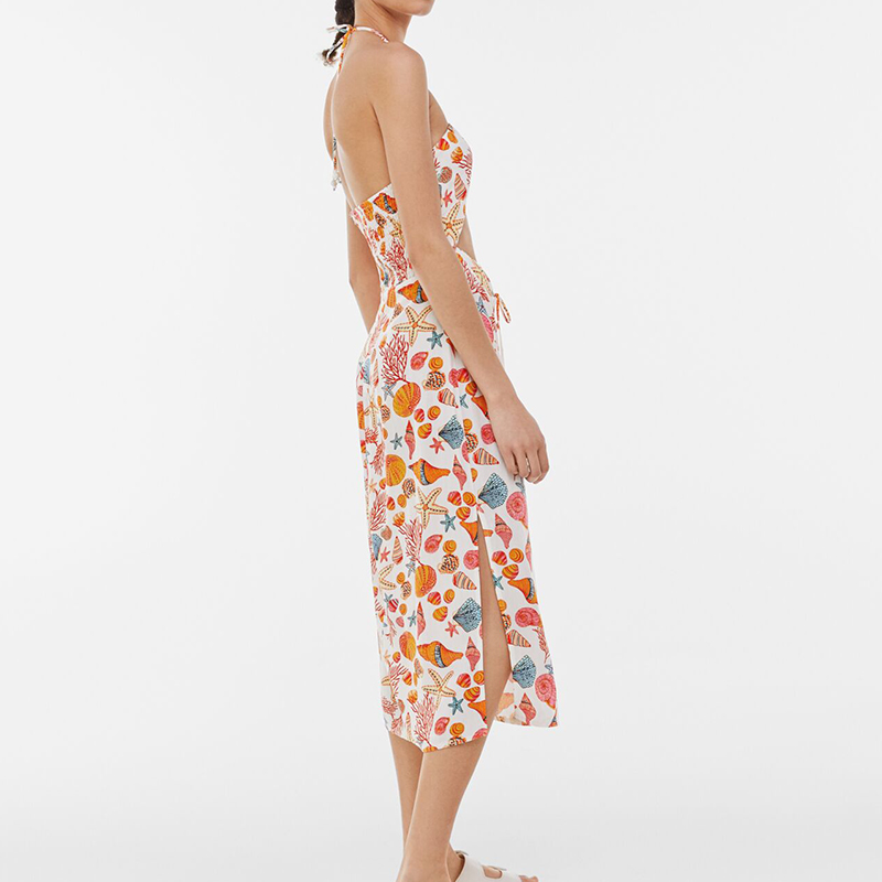 Printed hollow halterneck midi dress