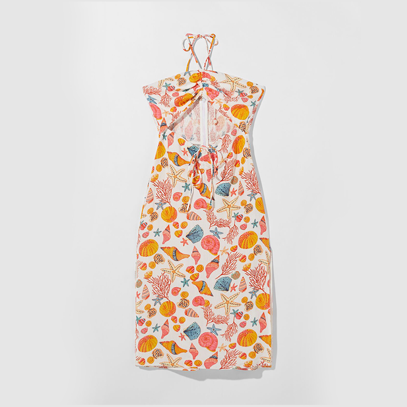 Printed hollow halterneck midi dress
