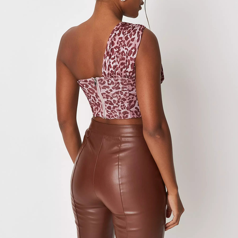Brown animal print mesh one shoulder corset top