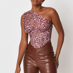 Brown animal print mesh one shoulder corset top