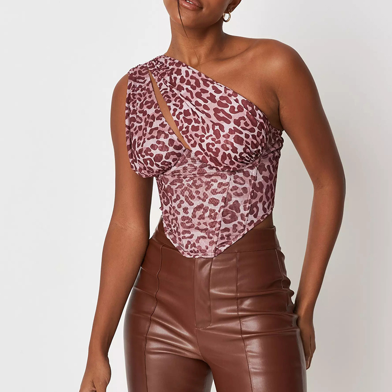 Brown animal print mesh one shoulder corset top
