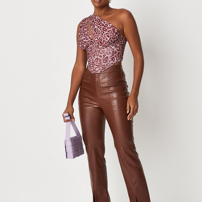 Brown animal print mesh one shoulder corset top