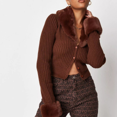 Chocolate Faux Fur Trim Knit Cardigan