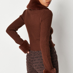 Chocolate Faux Fur Trim Knit Cardigan