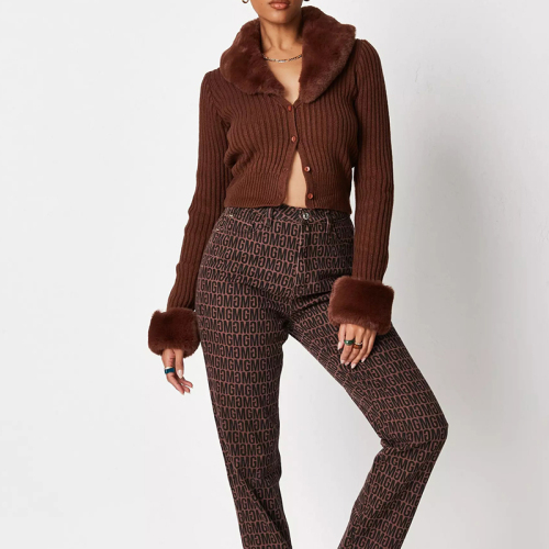 Chocolate Faux Fur Trim Knit Cardigan