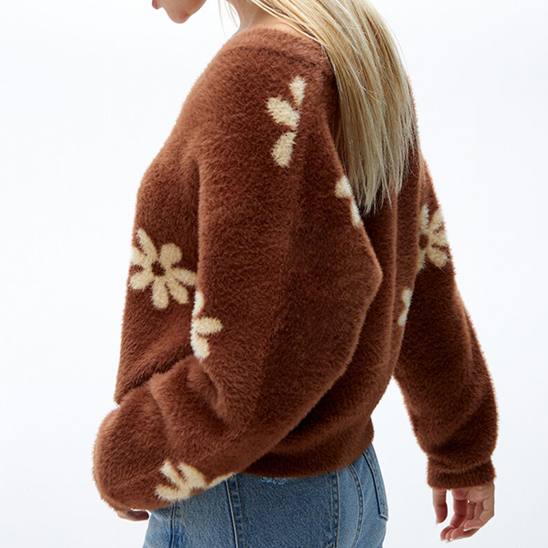 V-Neck Fuzzy Floral Sweater