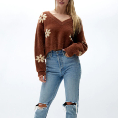 V-Neck Fuzzy Floral Sweater