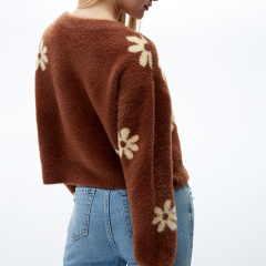 V-Neck Fuzzy Floral Sweater