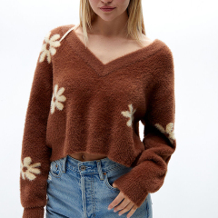 V-Neck Fuzzy Floral Sweater