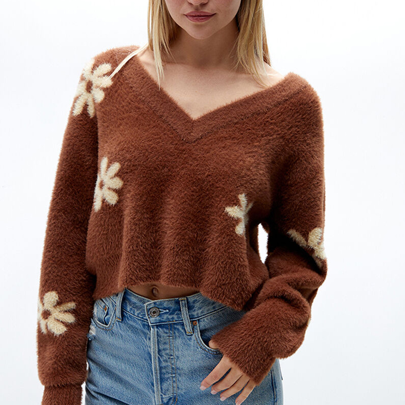 V-Neck Fuzzy Floral Sweater