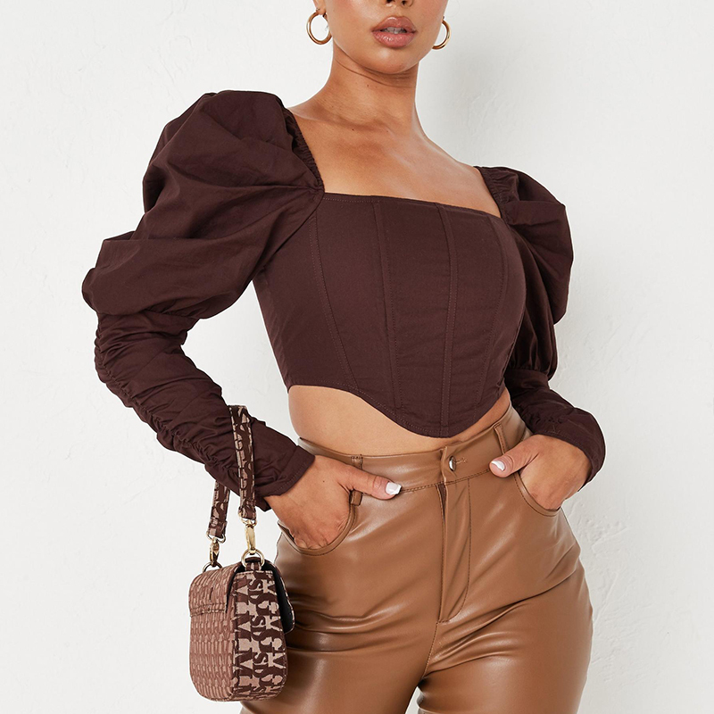Brown puff sleeve milkmaid crop top