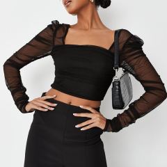 Black mesh ruched front milkmaid top