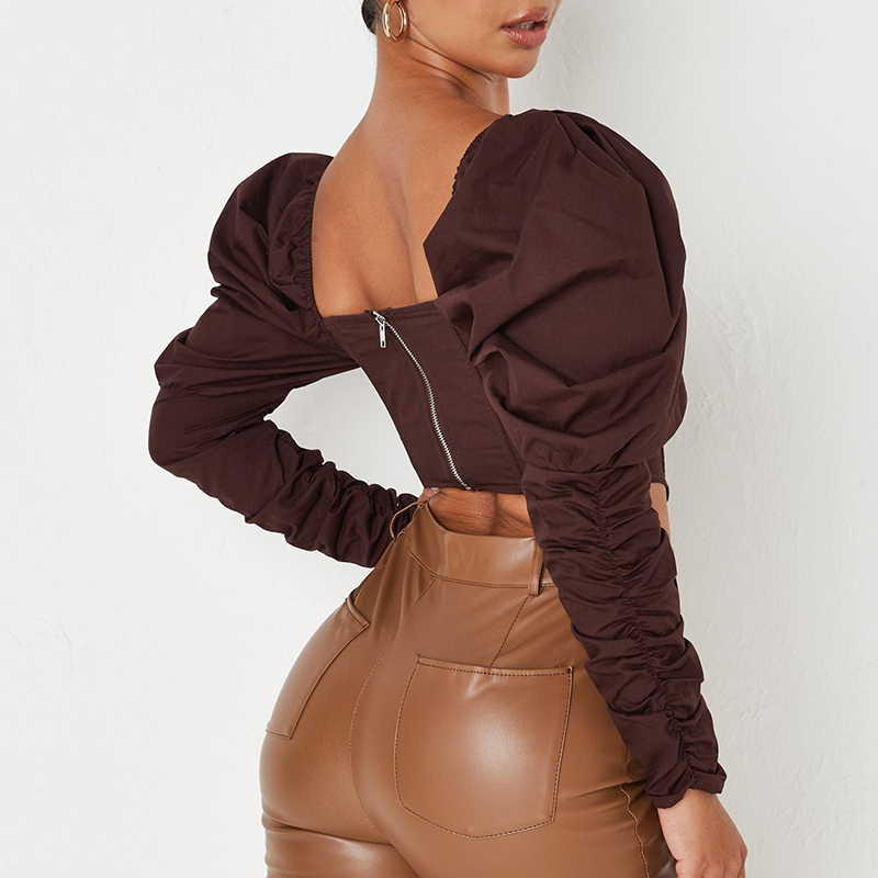 Brown puff sleeve milkmaid crop top