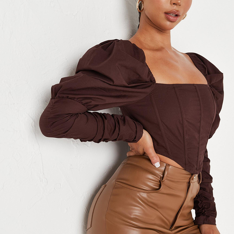 Brown puff sleeve milkmaid crop top