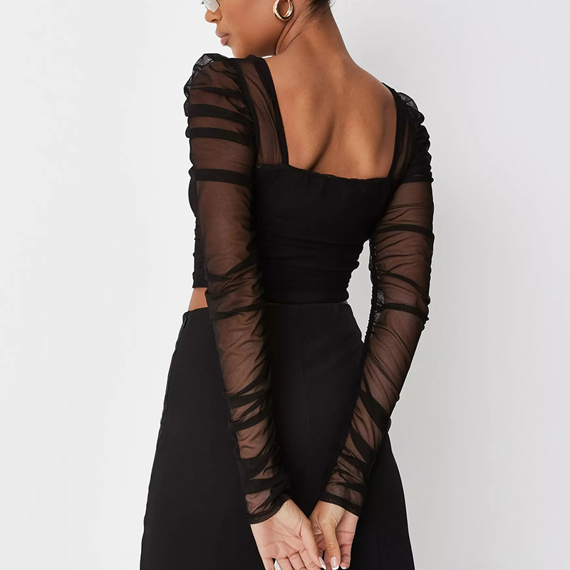 Black mesh ruched front milkmaid top