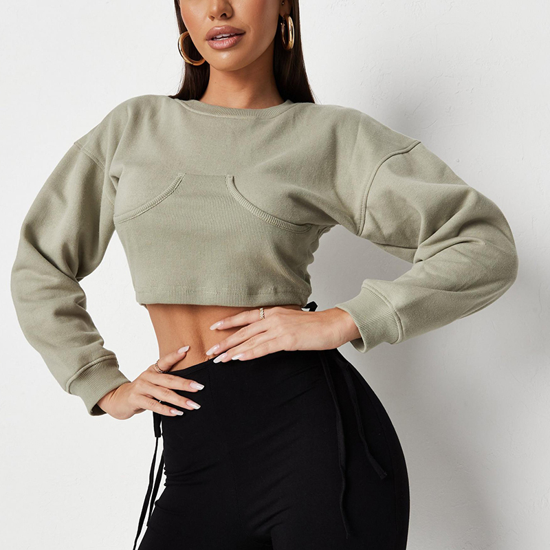 Tall khaki rib corset detail cropped sweatshirt