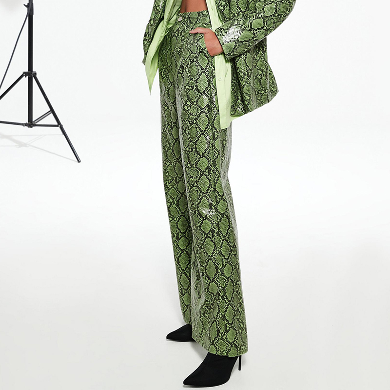 Green snake print wide leg trousers