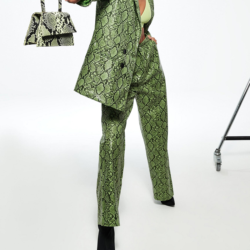 Green snake print wide leg trousers