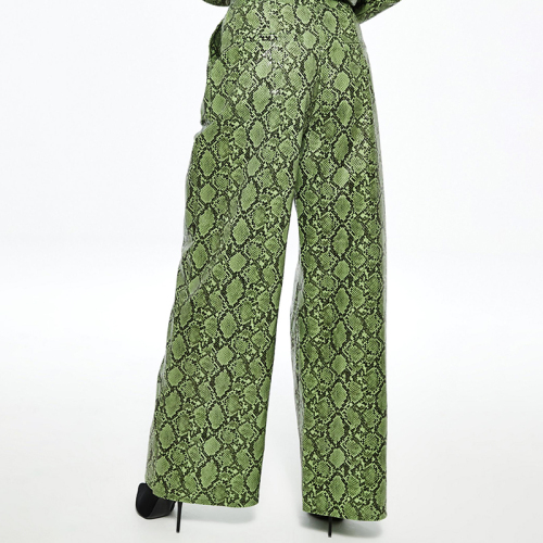 Green snake print wide leg trousers