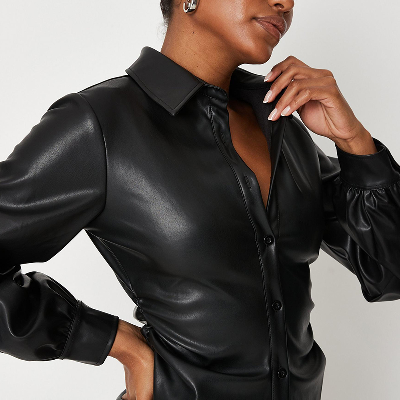 Black faux leather balloon sleeve shirt