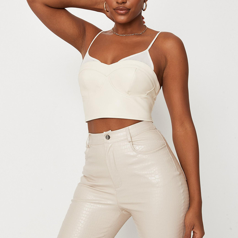Cream mesh leather corset top