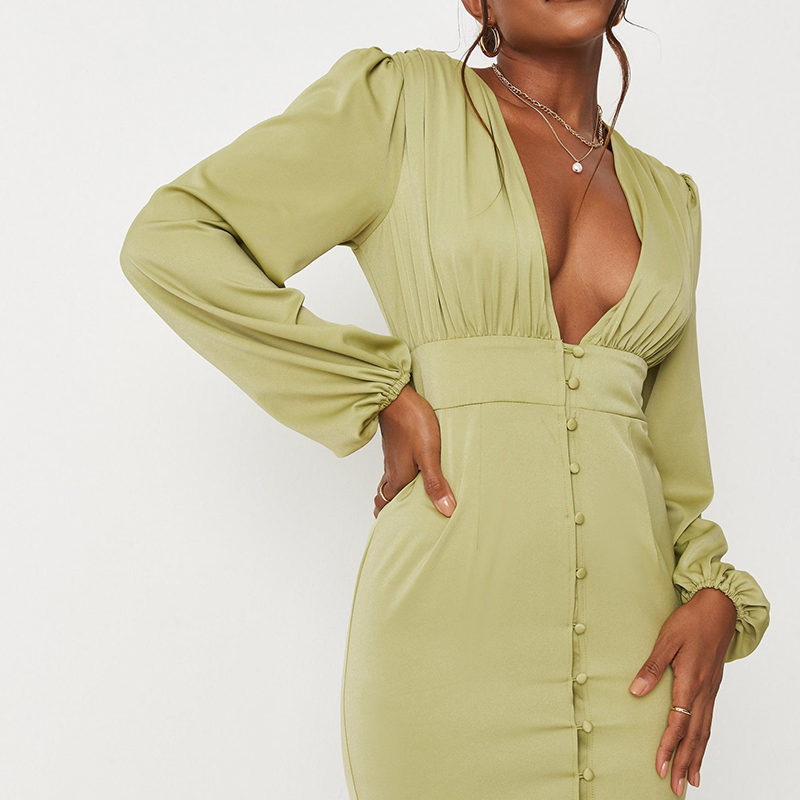 Button balloon sleeve mini dress