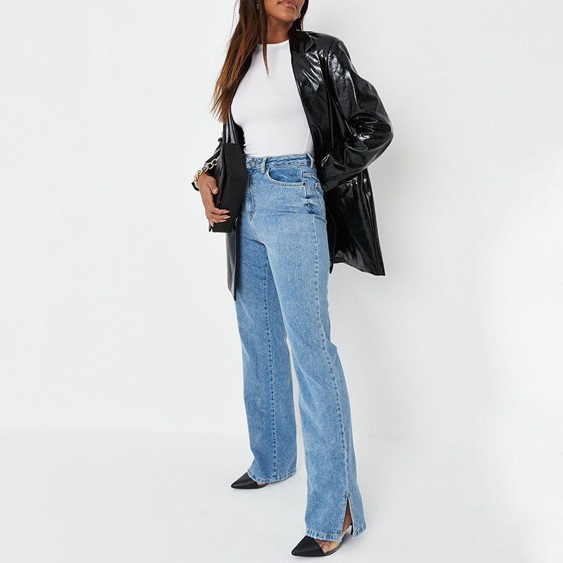 Blue straight leg split hem jeans