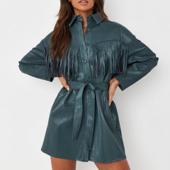 Green fringed shirt dress