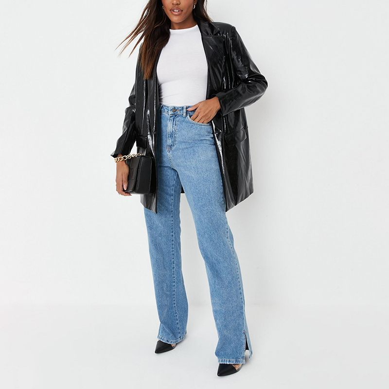 Blue straight leg split hem jeans