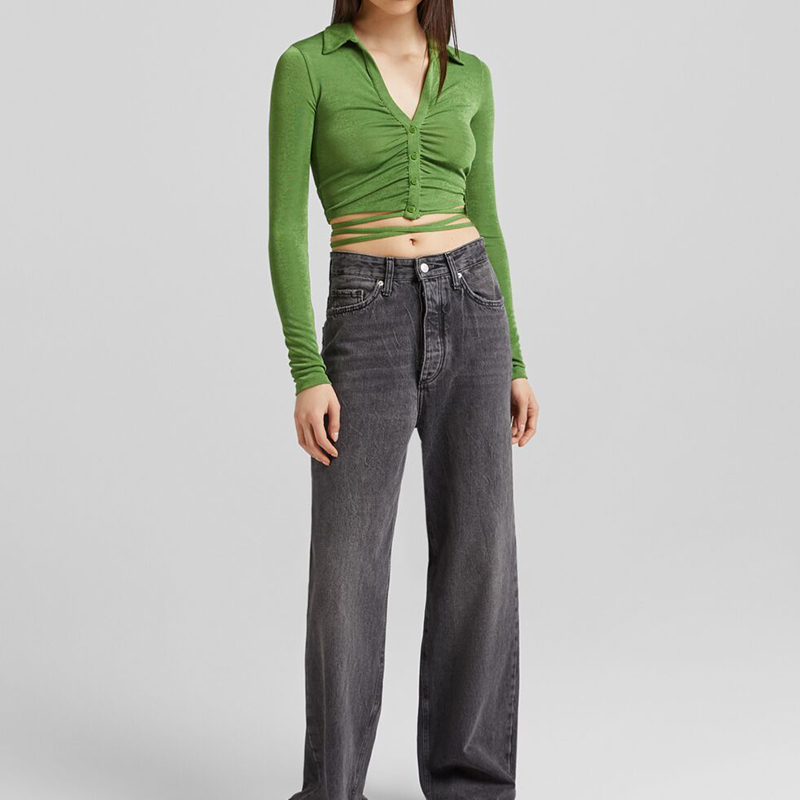 Pleated long-sleeved T-shirt