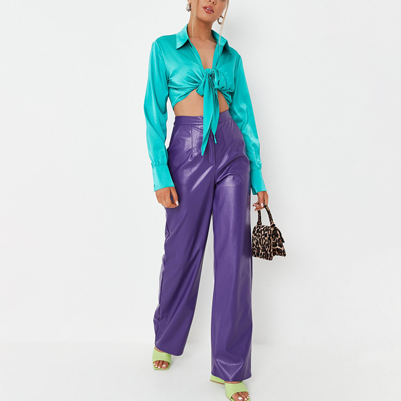 Turquoise satin knot front crop shirt