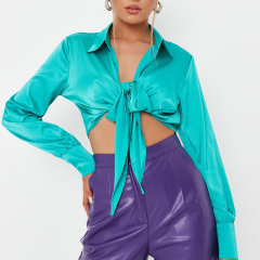Turquoise satin knot front crop shirt