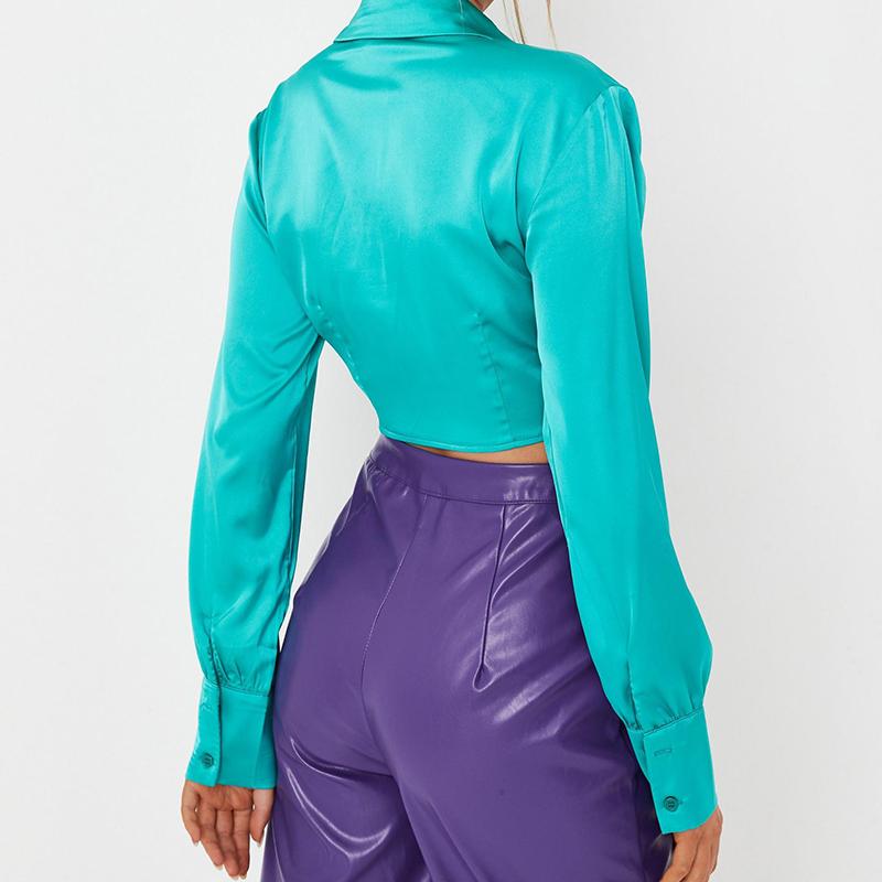 Turquoise satin knot front crop shirt
