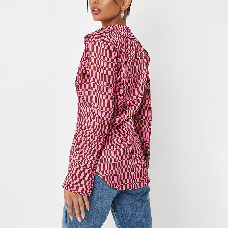 Pink print slim satin shirt