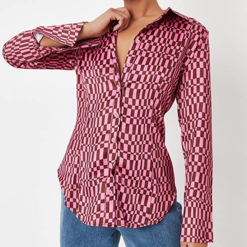 Pink print slim satin shirt