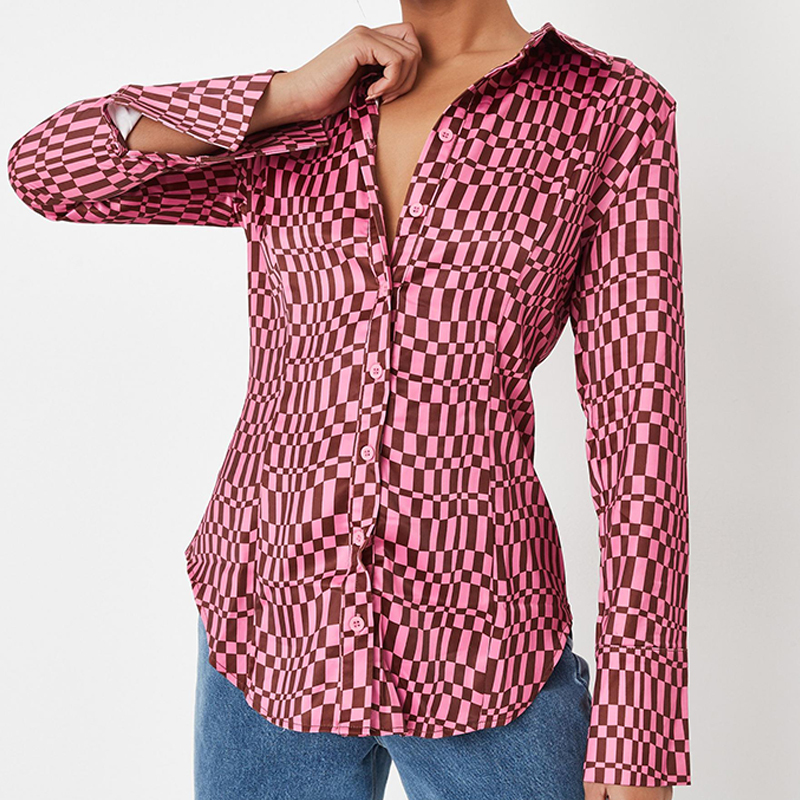 Pink print slim satin shirt