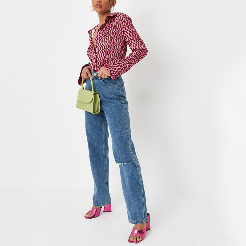 Pink print slim satin shirt