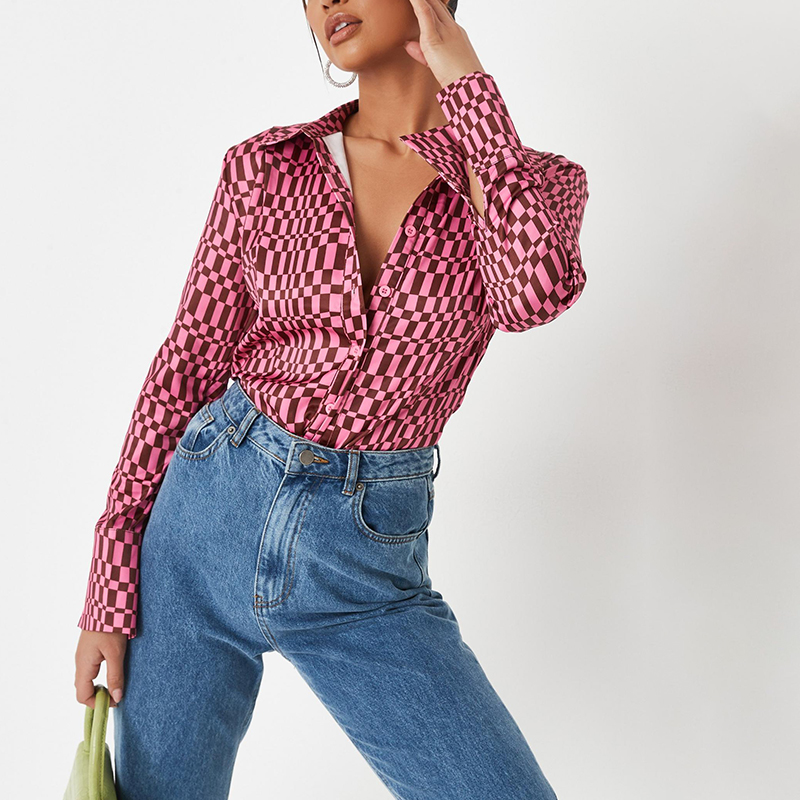 Pink print slim satin shirt