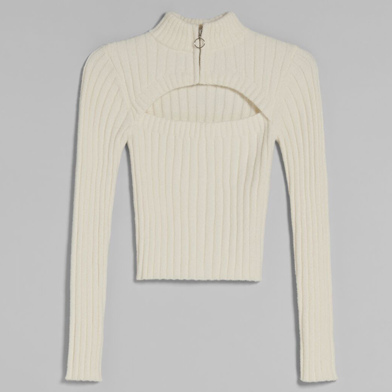 Zip-neck hollow knit sweater