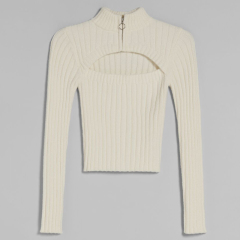 Zip-neck hollow knit sweater