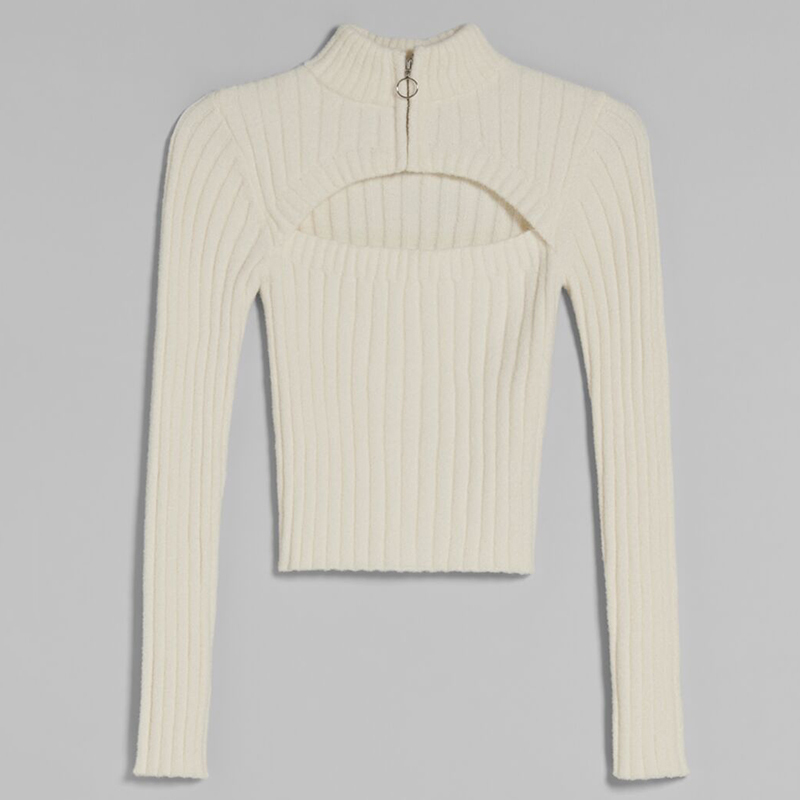 Zip-neck hollow knit sweater