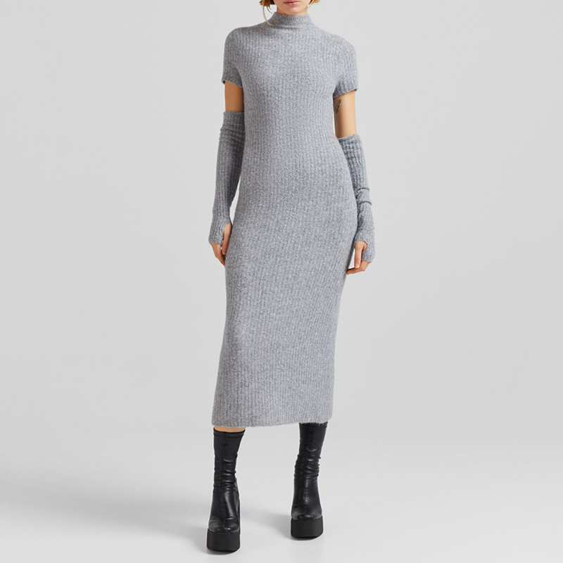 Sleeve design ribbed dress