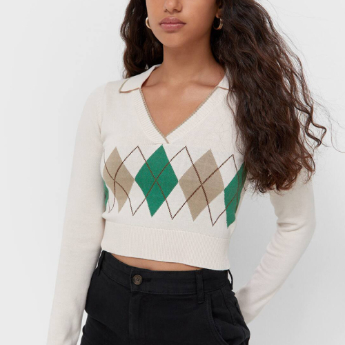 Diamond Pattern Polo Collar Knit Sweater