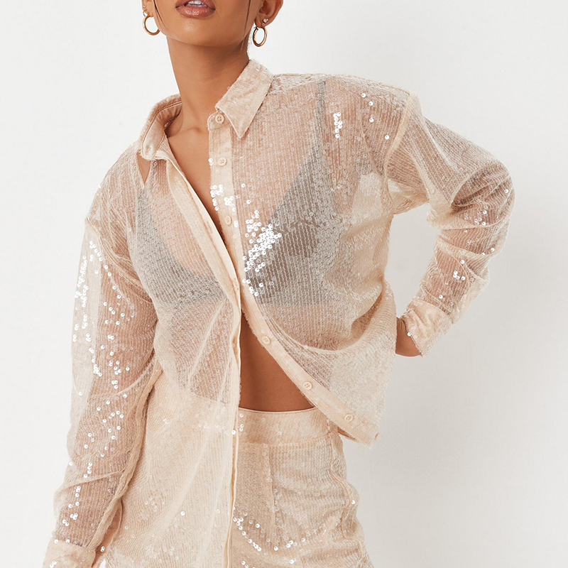 champagne co ord sequin oversized shirt and trousers