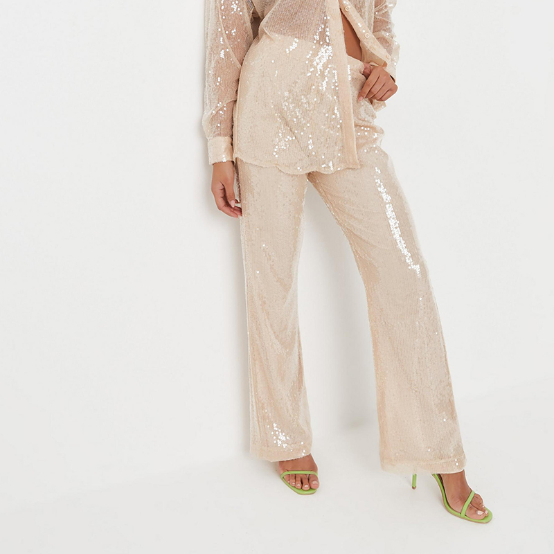 champagne co ord sequin oversized shirt and trousers
