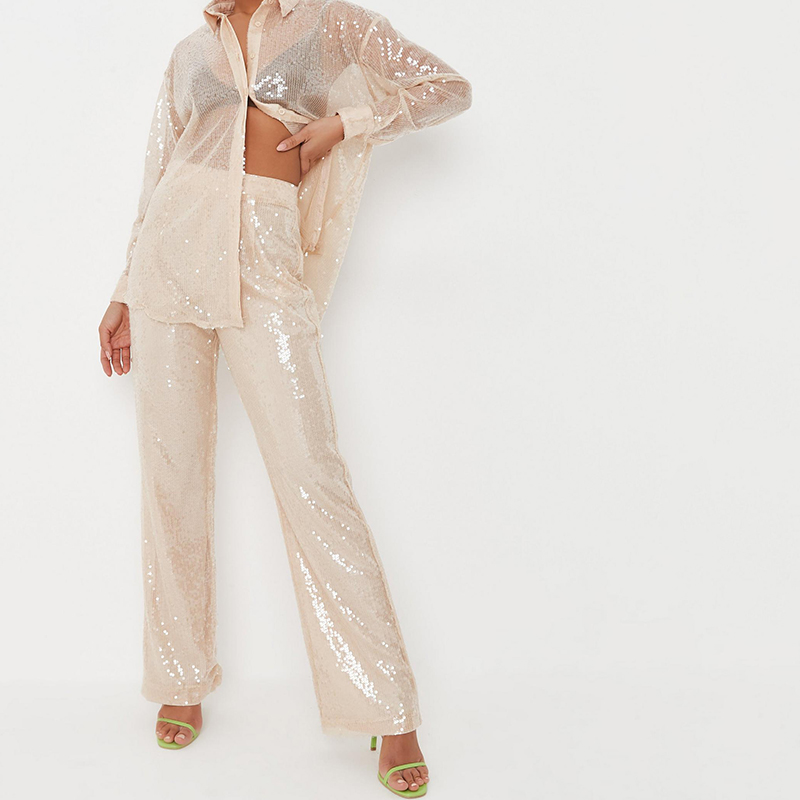 champagne co ord sequin oversized shirt and trousers